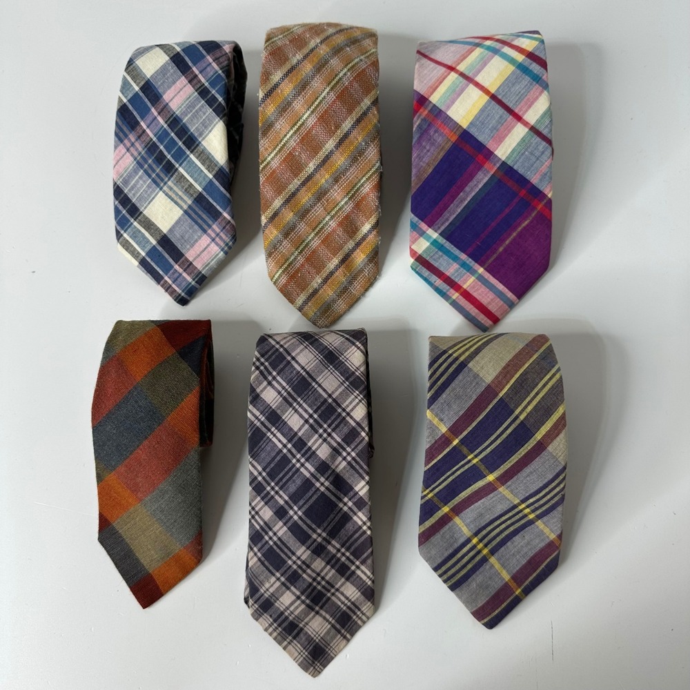 6 Vintage Mens Plaid Neck Ties Lands End Gant Charing Cross Cotton Linen Plaid